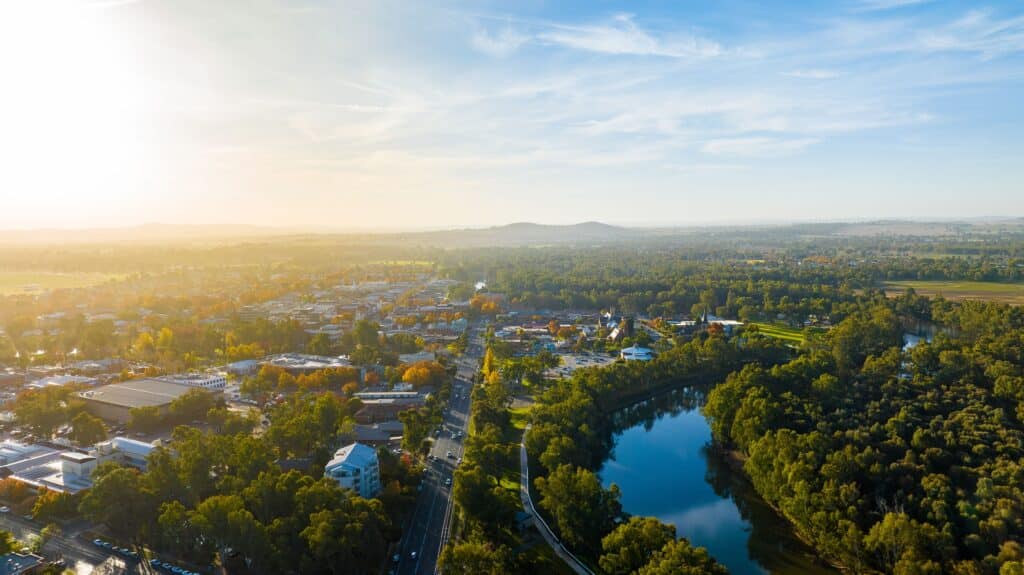 Aerial view of Wagga Wagga and the Murrumbidgee River at sunset